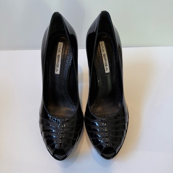 VIA SPIGA Black Patent Leather Platform Peep Toe Heels 7.5 - Picture 9 of 13